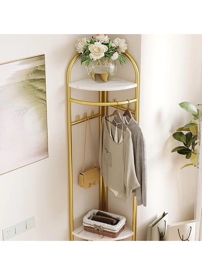 بيوينتي حوامل ملابس زاوية ذهبية قائمة بذاتها، حوامل معاطف معدنية ذهبية مع خطاطيف، حوامل ثياب متينة عصرية مع ثلاث رفوف تخزين للمنزل، غرفة النوم، غرفة المعيشة - Image 3